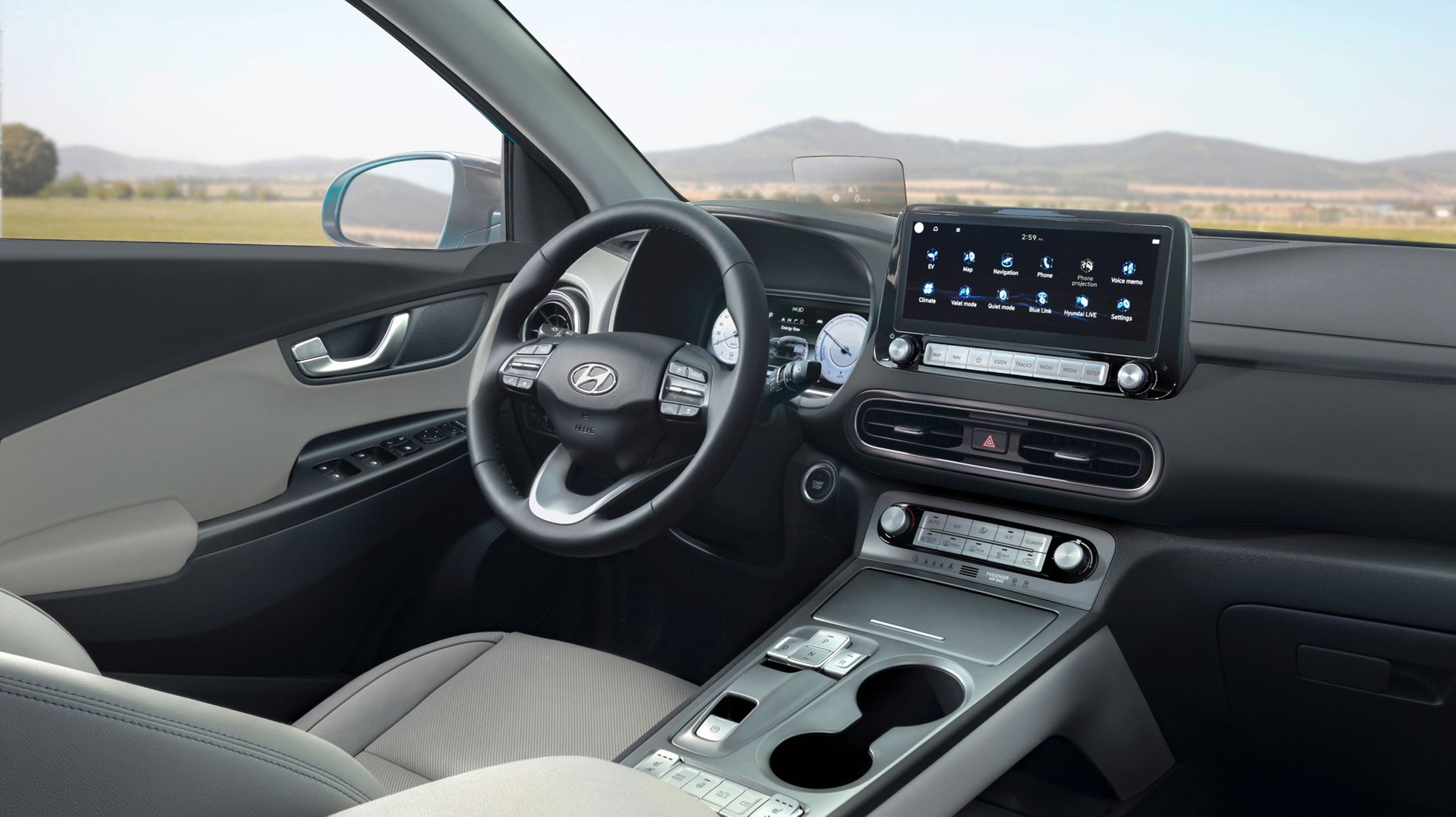Design prostorného interiéru nového kompaktního SUV Hyundai Kona Electric.